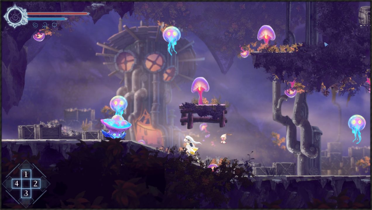 Renee, the protagonist, traversing a forest-themed level in Afterimage with ghostly glowing mushroom enemies around. 