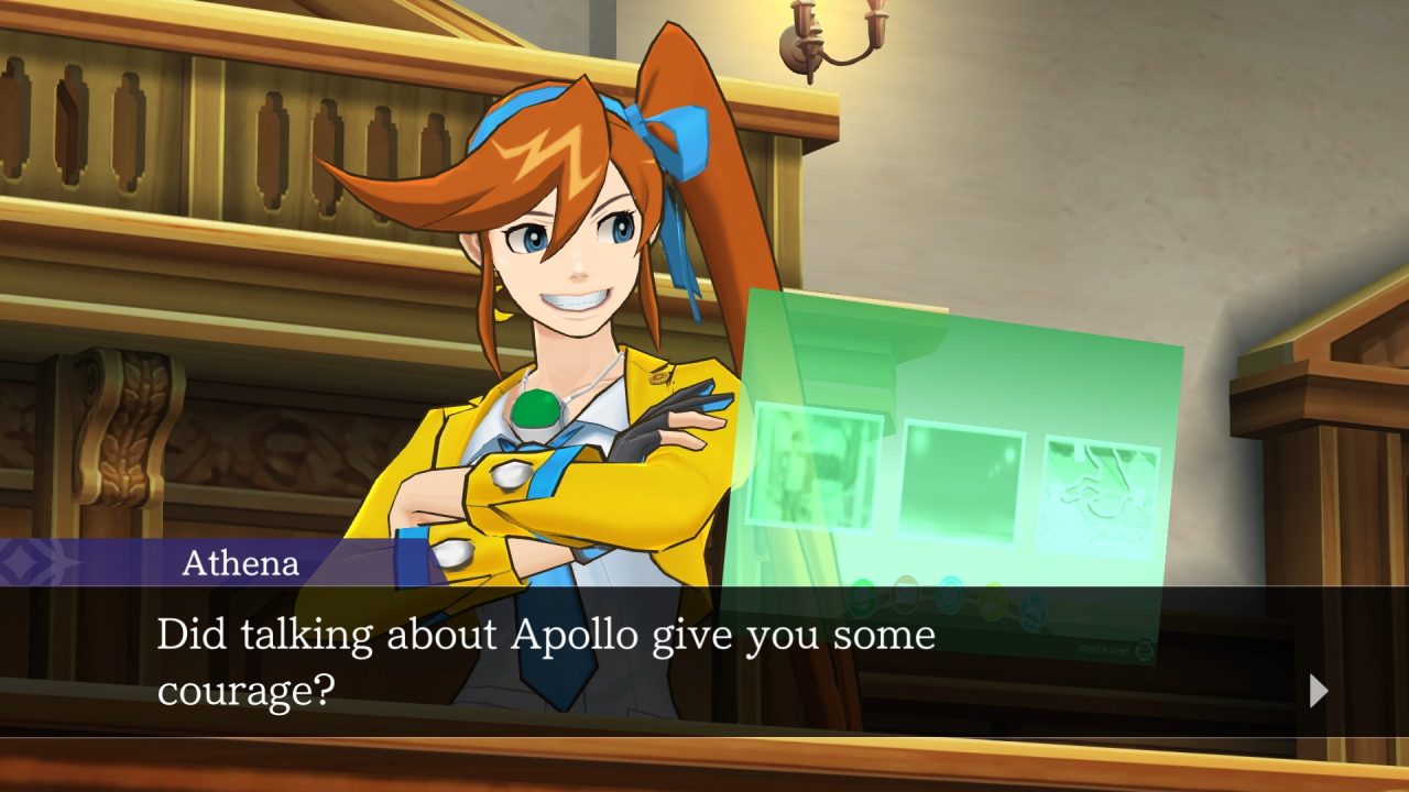 An Apollo Justice: Ace Attorney Trilogy screenshot of Athena speaking while looking at her Mood Matrix. Her text box reads, "Did talking about Apollo give you some courage?"