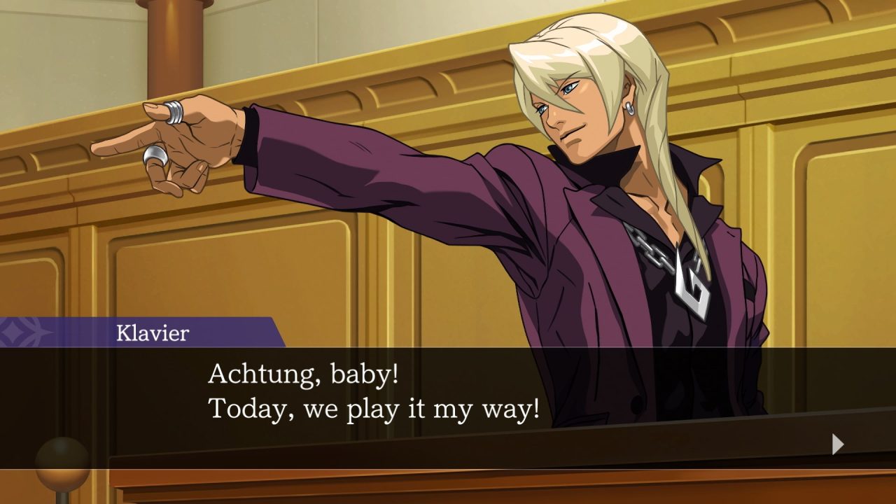 Apollo Justice: Ace Attorney Trilogy screenshot of Klavier pointing. His text box reads, "Achtung, baby! Today, we play it my way!"