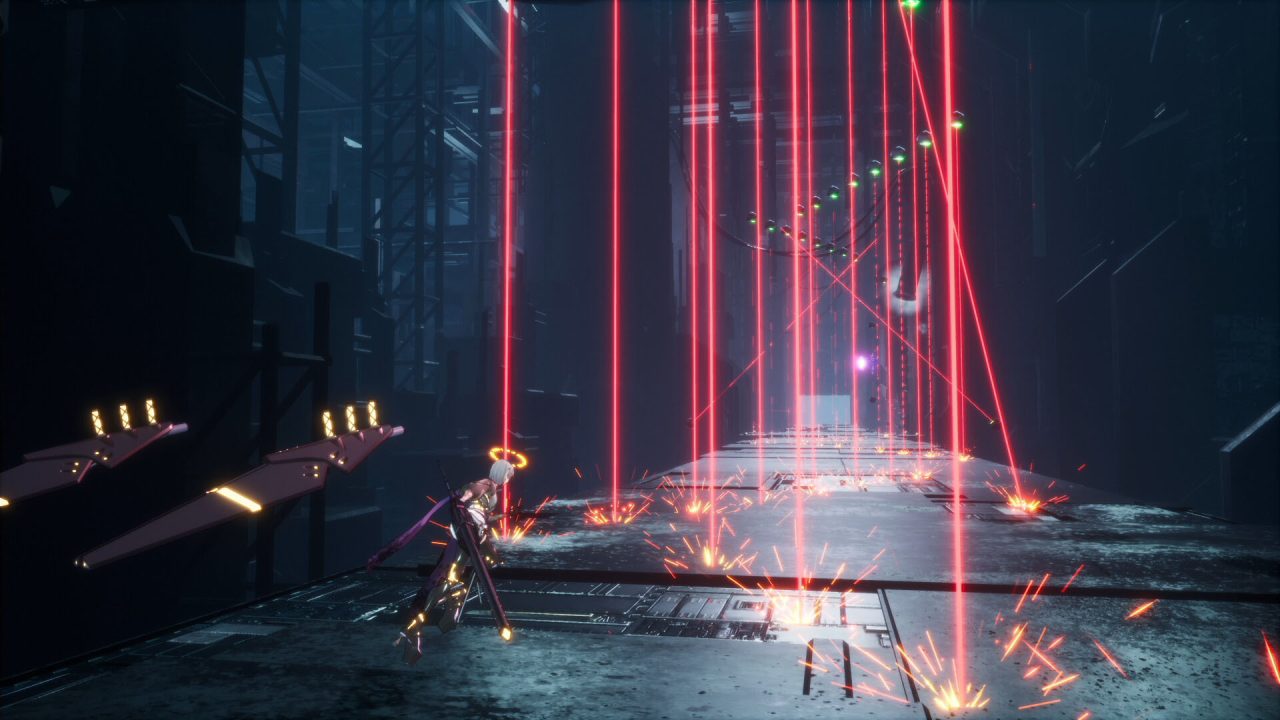 Crymachina heroine dodging lasers on a moving platform.