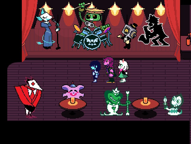 Deltarune screenshot of the party walking through what appears to be a party