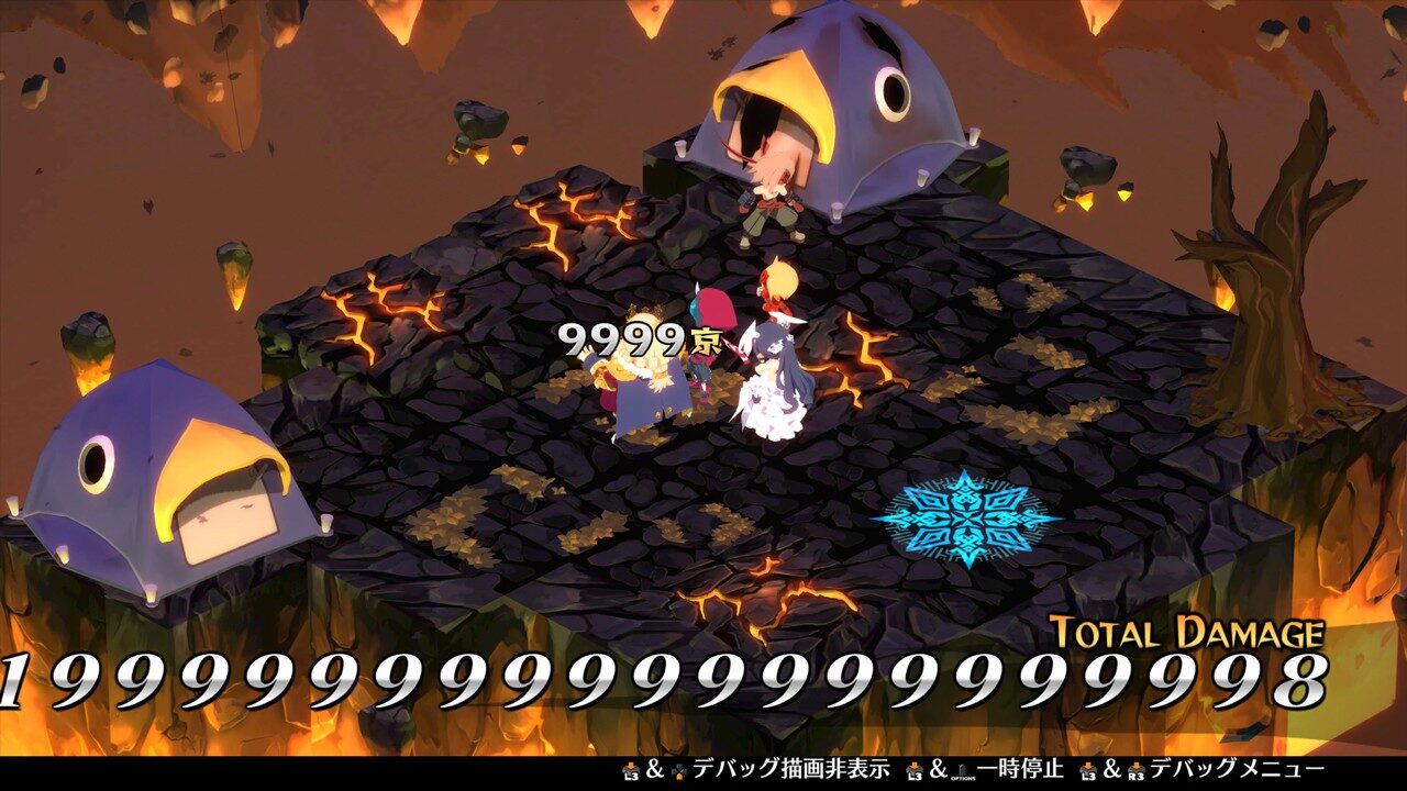 The party stands near some Prinny tents on a lava stage and hit an enemy for a damage total that takes up the entire bottom of the screen in Disgaea 6.