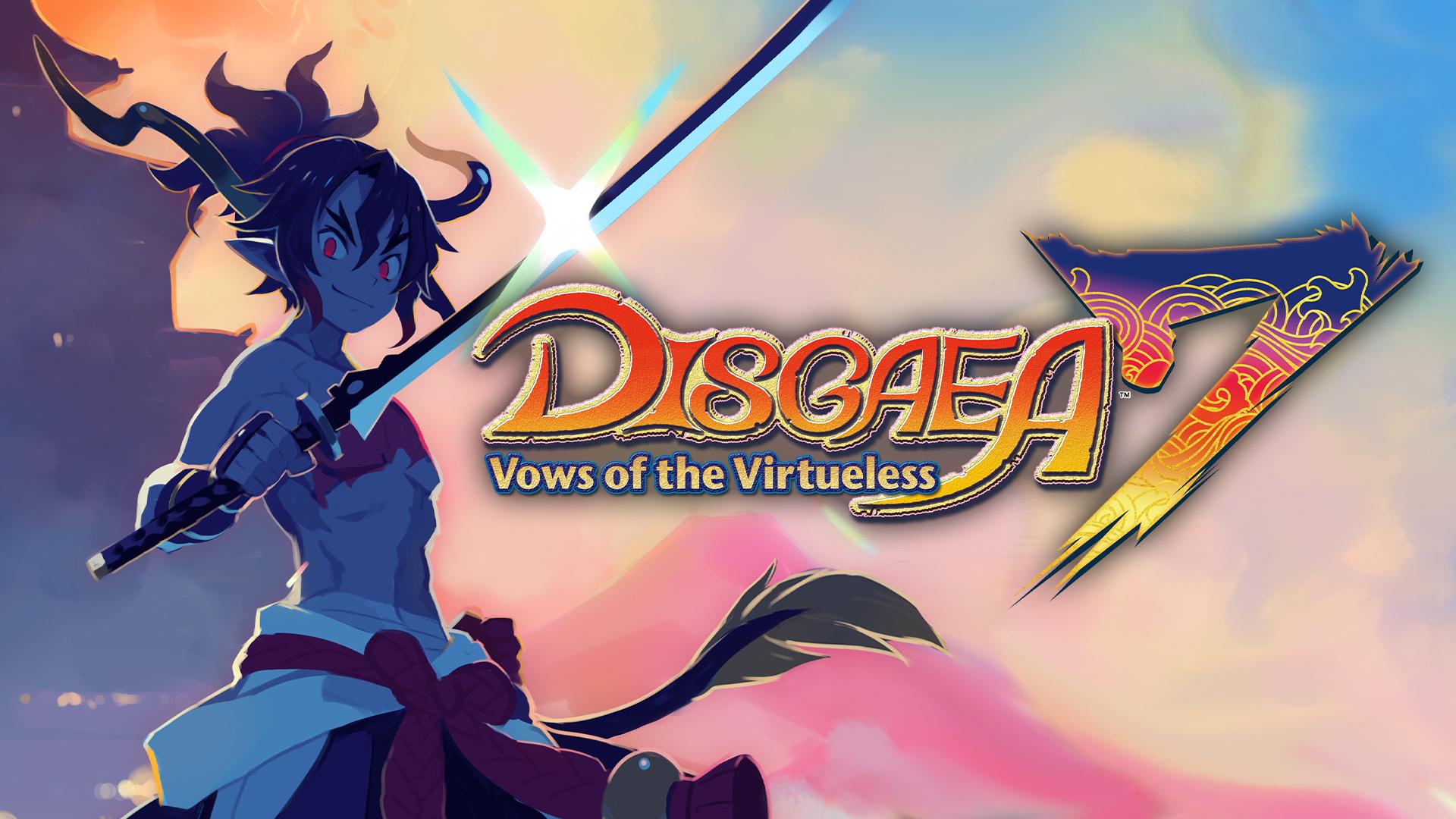 A screenshot of Disgaea 7: Vows of the Virtueless depicting the protagonist holding a curved katana aloft above the game's logo.