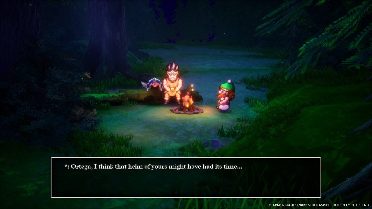 A screenshot of a man sitting next to a smaller person next to a campfire in Dragon Quest III HD 2D remake. A text box reads "Ortega, I think that helm of yours might have had its time."