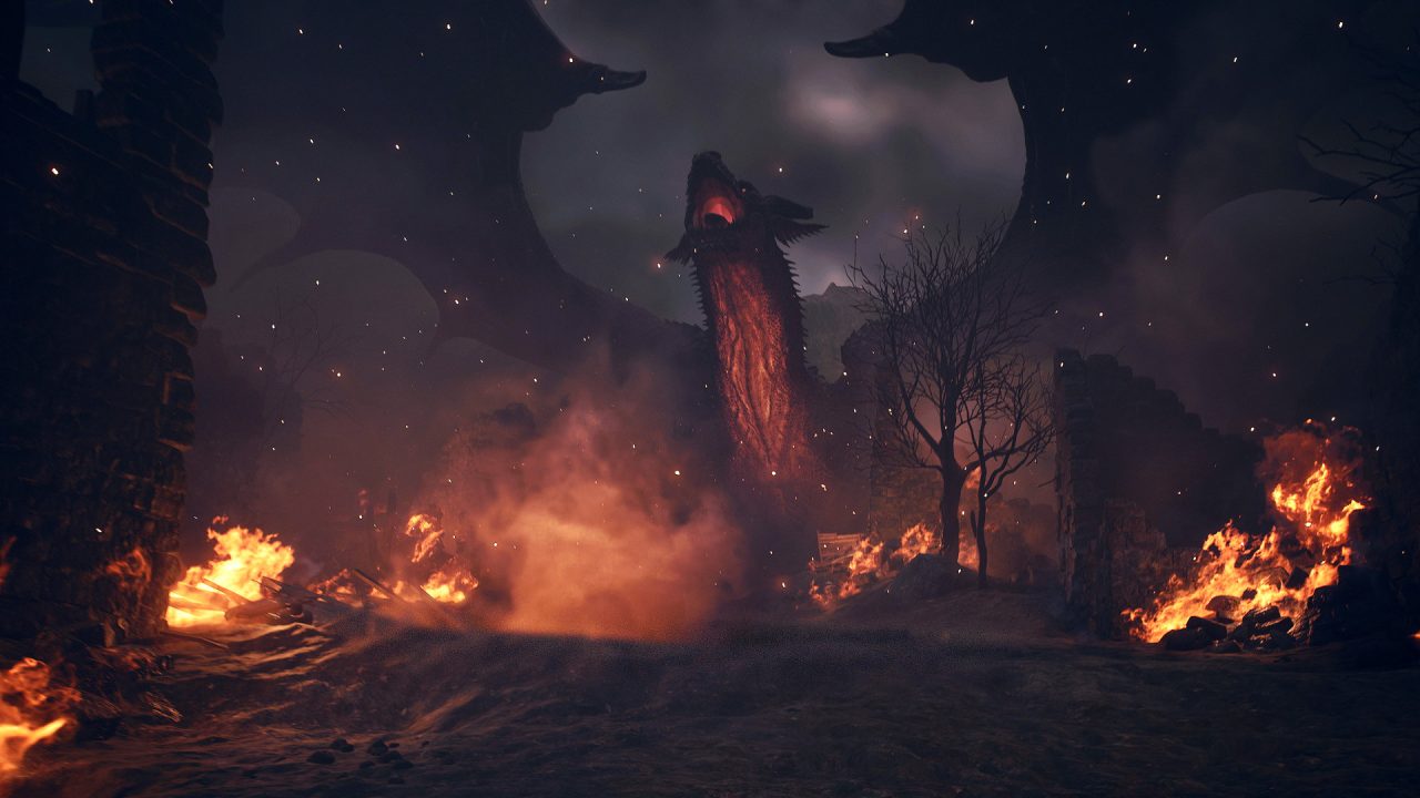 A dragon in fire and rubble at night in Dragon's Dogma 2