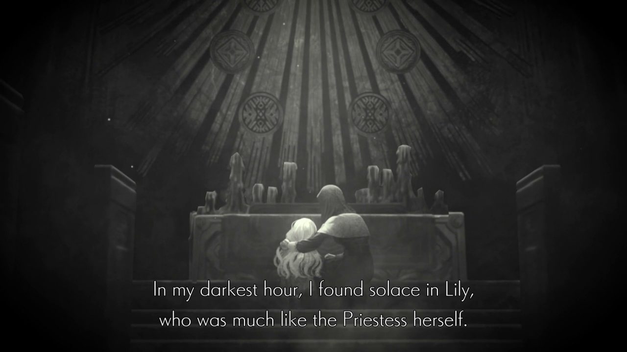 Ender Lilies cutscene, with a hooded figure and Lily taking solace before an altar.