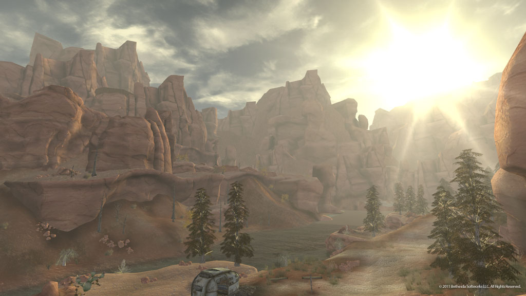 A screenshot of a ruined landscape in Fallout New Vegas