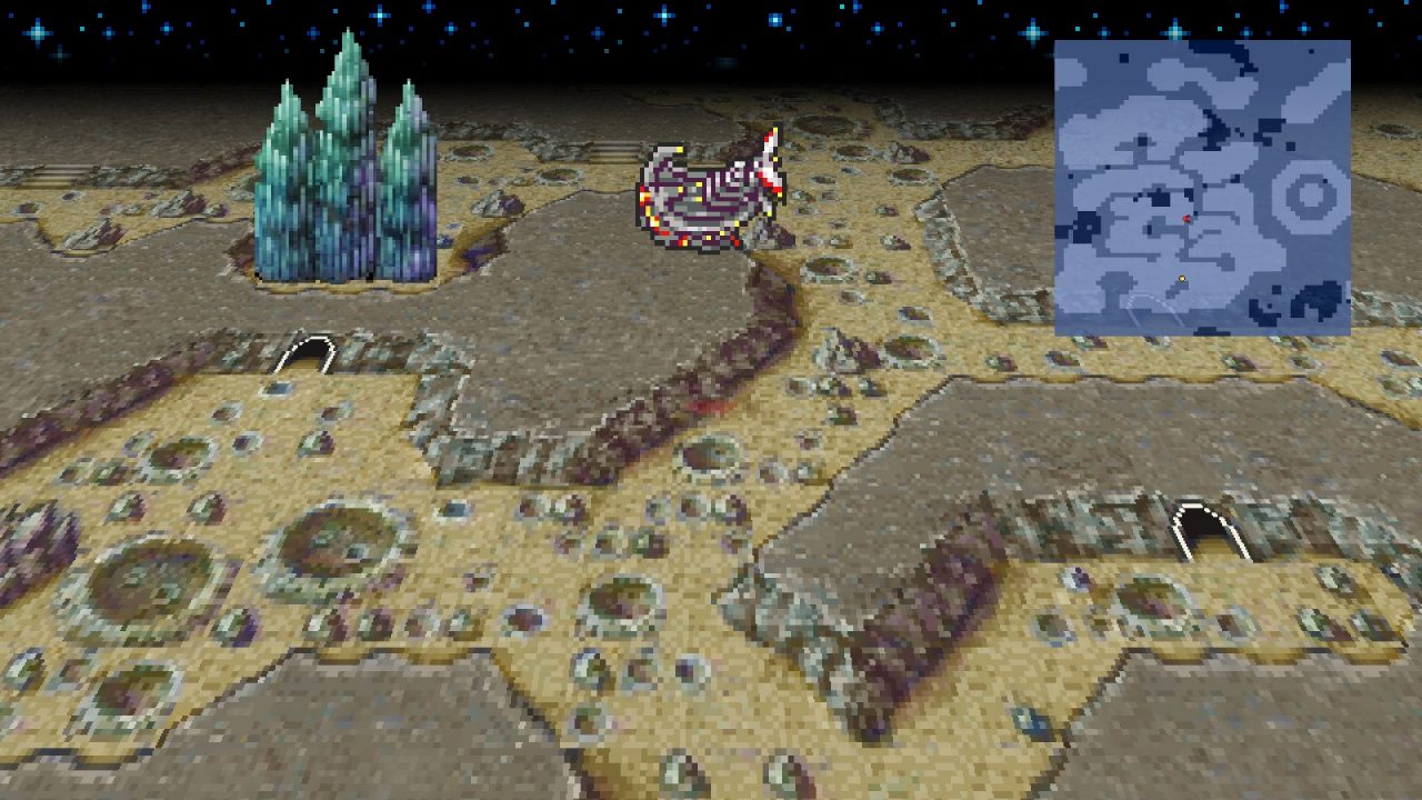 The Lunar Whale traverses the moon world map with a tower in the background in the Final Fantasy IV Pixel Remaster.
