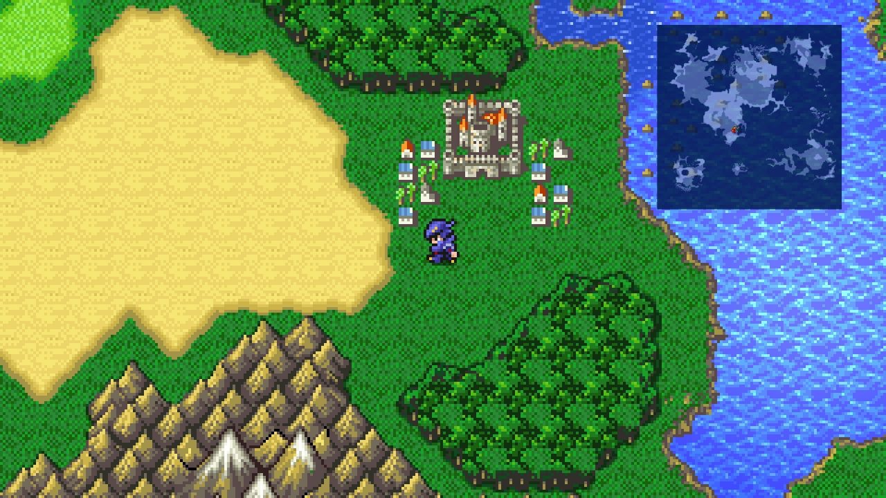 Cecil exploring outside Baron in Final Fantasy IV Pixel Remaster.