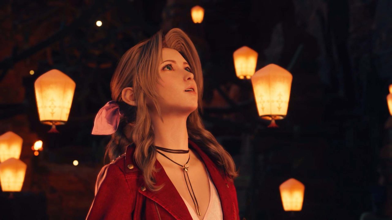 Aerith staring at paper lanterns in Final Fantasy VII Rebirth.