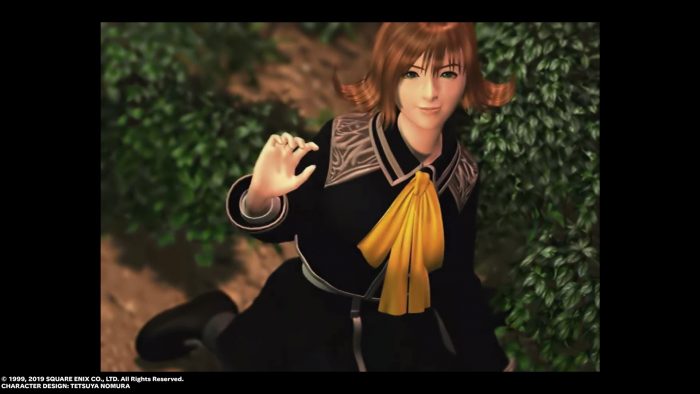 Selphie Tilmitt in an early cutscene in Final Fantasy VIII after she falls over. She is wearing a school uniform.