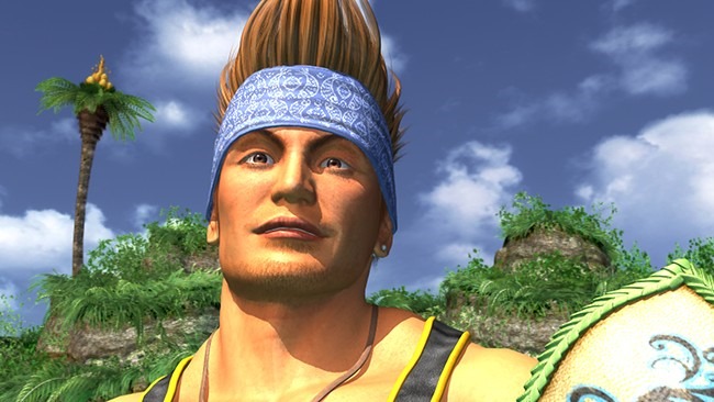 Headshot of Wakka from Final Fantasy X. He wears a blue headscarf and has a very tall, ginger quiff. 