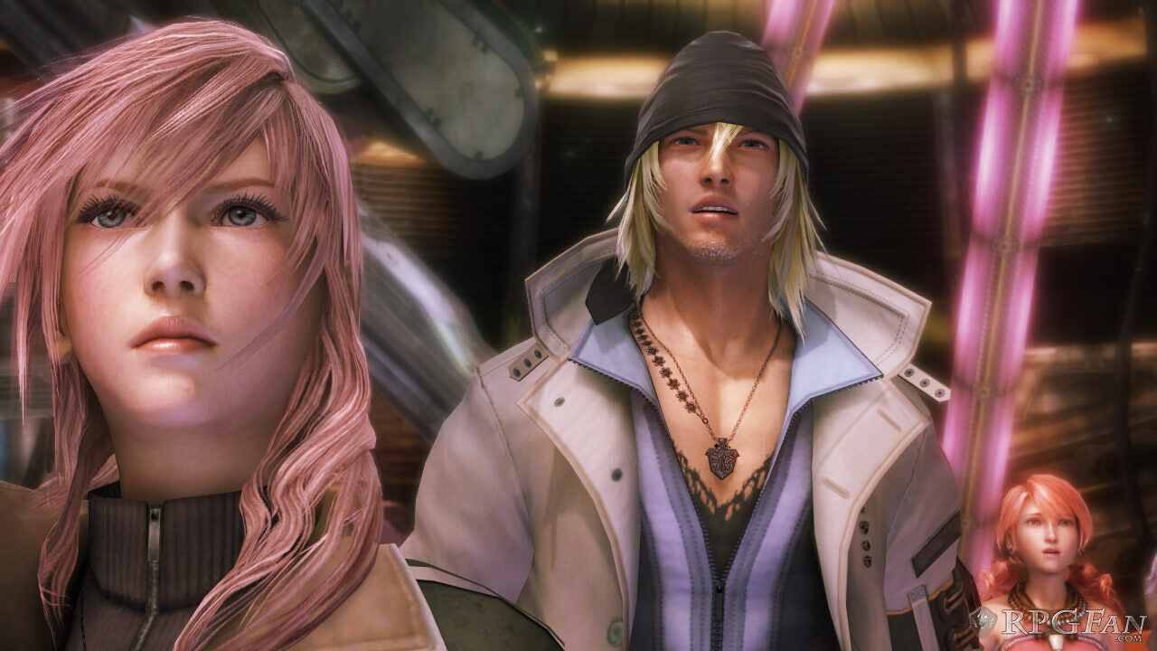 Final Fantasy XIII screenshot of Lightning, Snow, and Vanille confusingly looking up at something out of view.