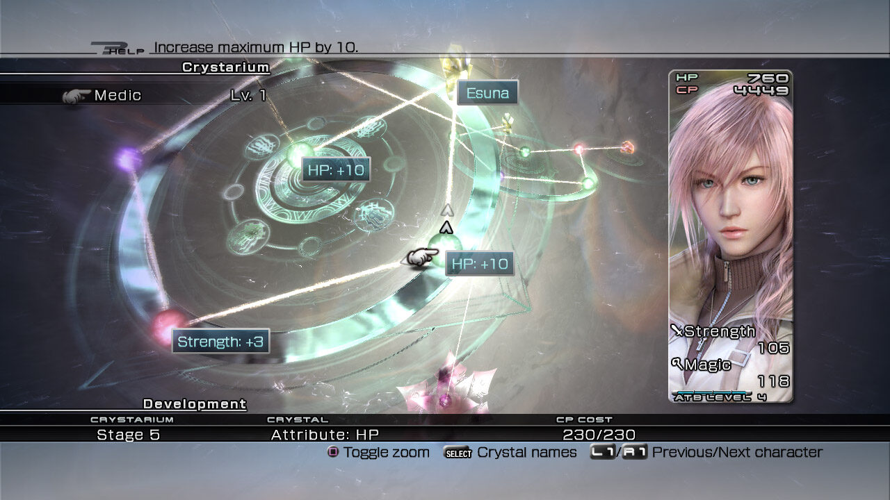 Final Fantasy XIII screenshot of the Crystarium level up system.