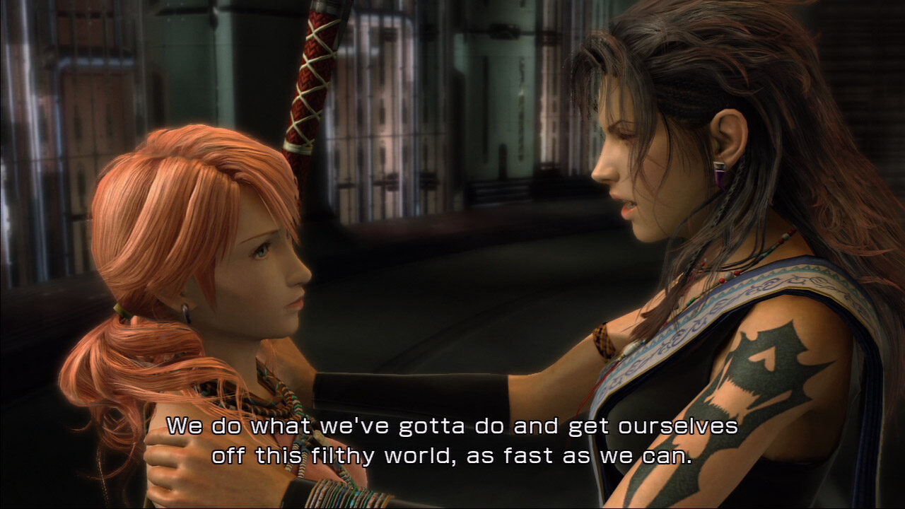 Fang and Vanille in a close and intense conversation, resolving to "get off this filthy world" in Final Fantasy XIII.