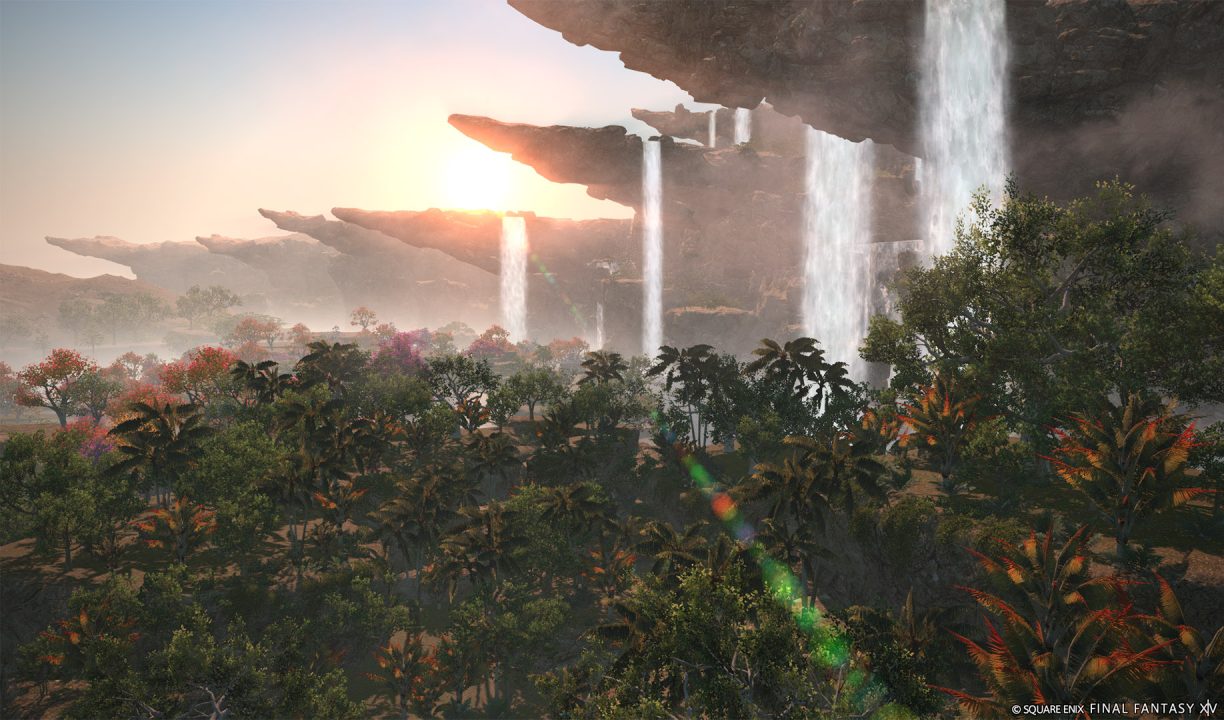 A screenshot of a beautiful vista with waterfalls in Final Fantasy XIV Dawntrail