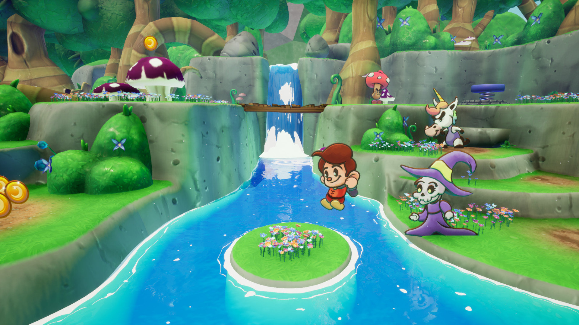 Flynt Buckler screenshot - colorful scene of our main hero jumping across a river.