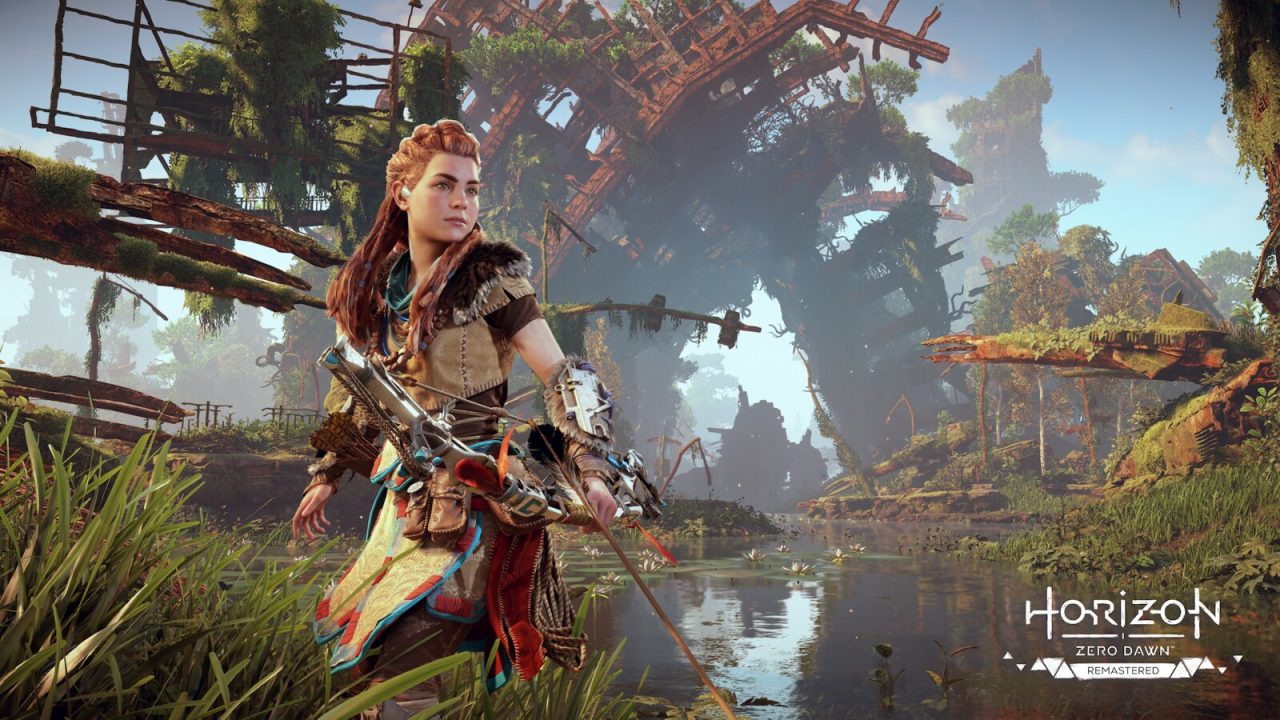 Horizon Zero Dawn Remastered screenshot of Aloy in a marsh with overgrown rusty building framework all around.