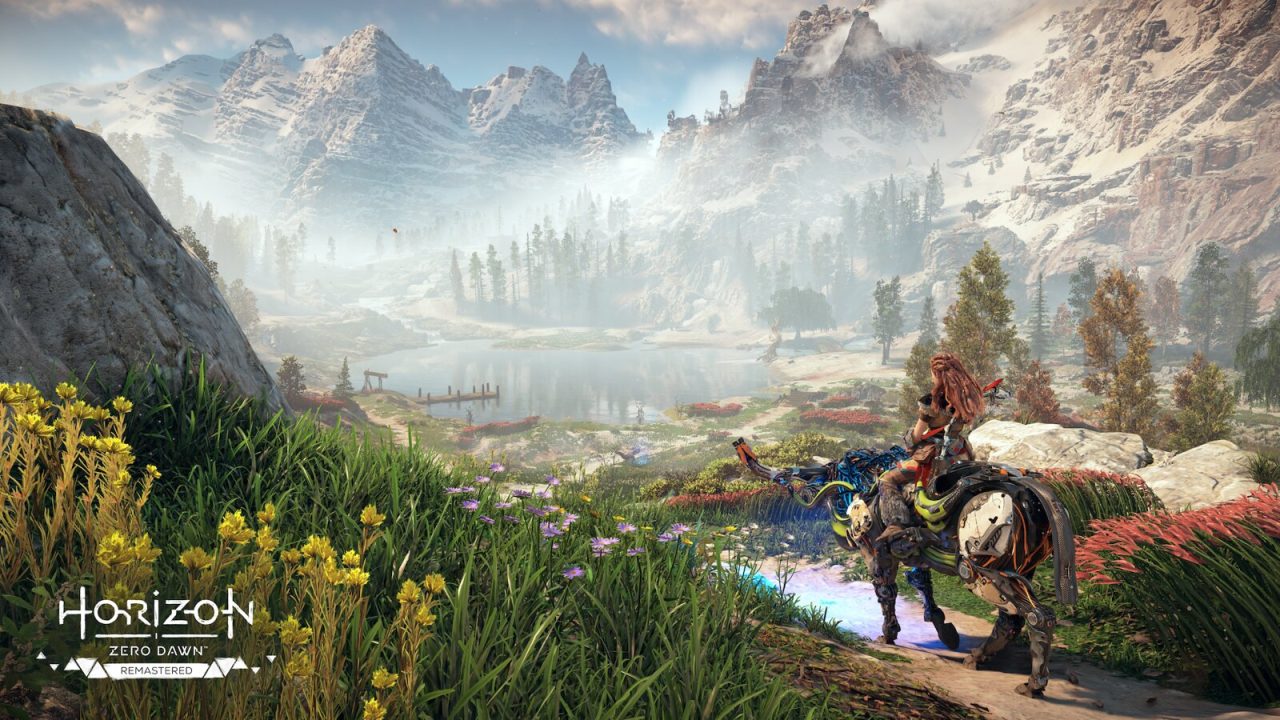 Horizon Zero Dawn Remastered screenshot of Aloy on a robotic steed looking over a misty valley.