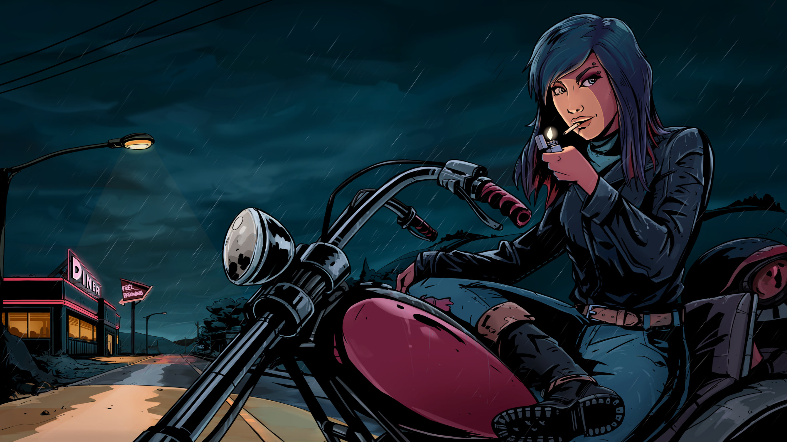 Kathy Rain: Director's Cut artwork of the titular detective on her motorcycle at night.