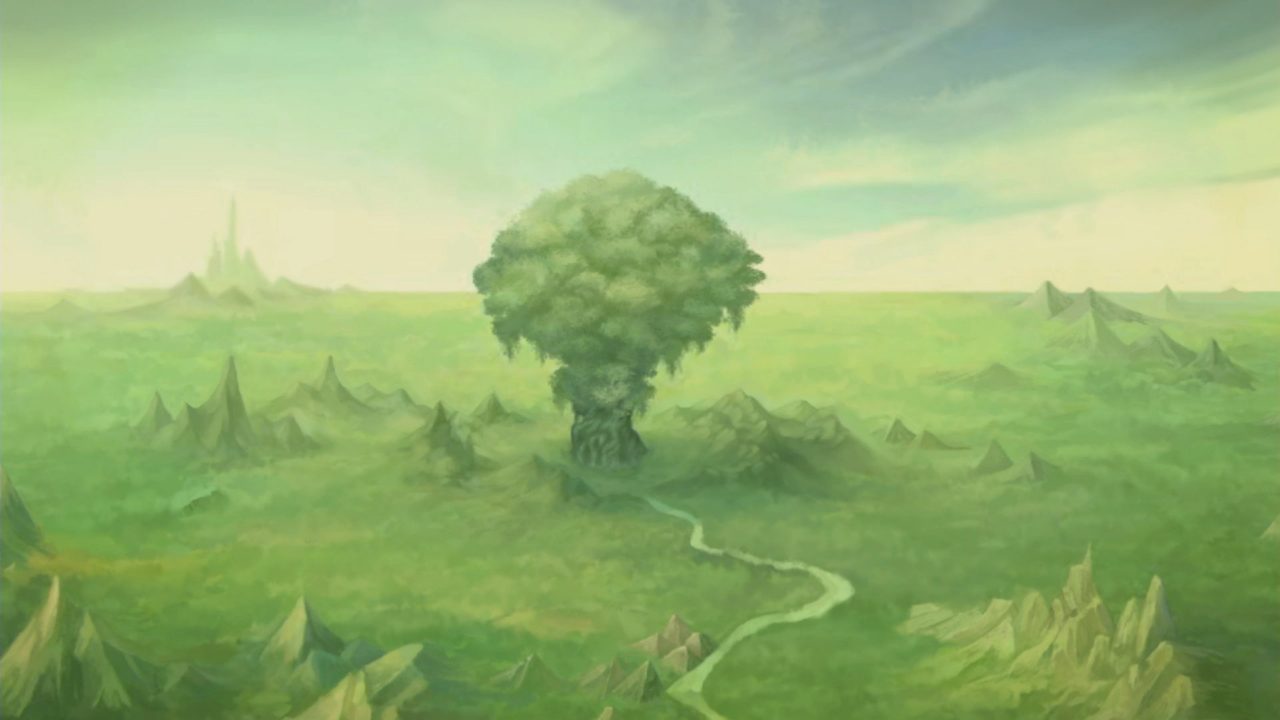 The Mana Tree stands out in the forest crater.