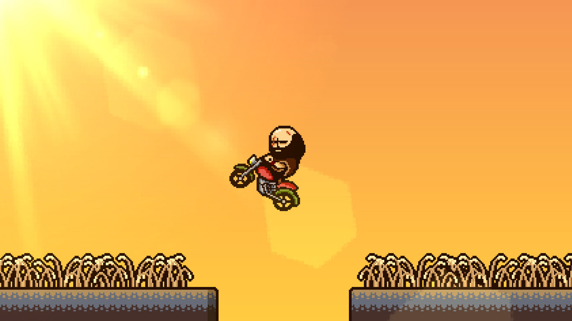 A screenshot of LISA, a game developed in RPG Maker XP, It depicts a bearded man leaping across a gap atop a motorcycle, dappled in golden light.