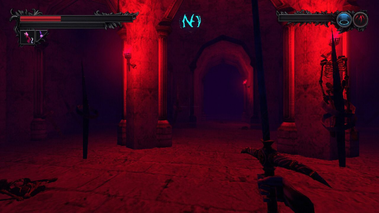 Player heading through a red lit dungeon surrounded by skeletons.