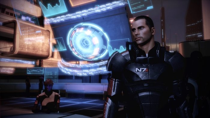 A screenshot of Male Shepard in Mass Effect 2