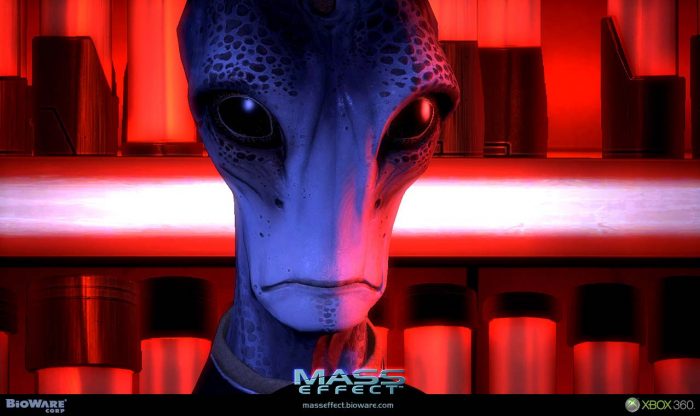 A screenshot of an close-up on an alien in Mass Effect