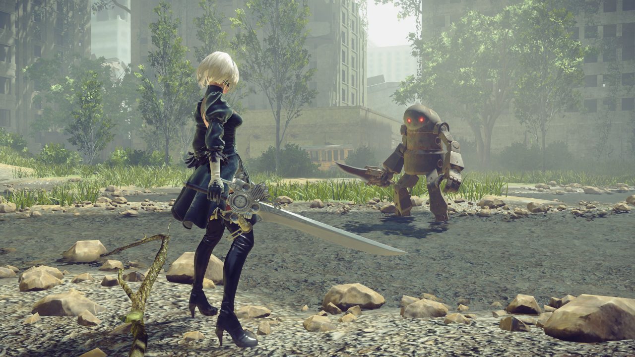 2B faces off against a machine in the City Ruins.