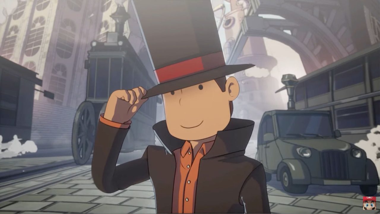 Artwork featuring Professor Herschel Layton tipping his elongated top hat; the protagonist of Professor Layton and The New World of Steam.