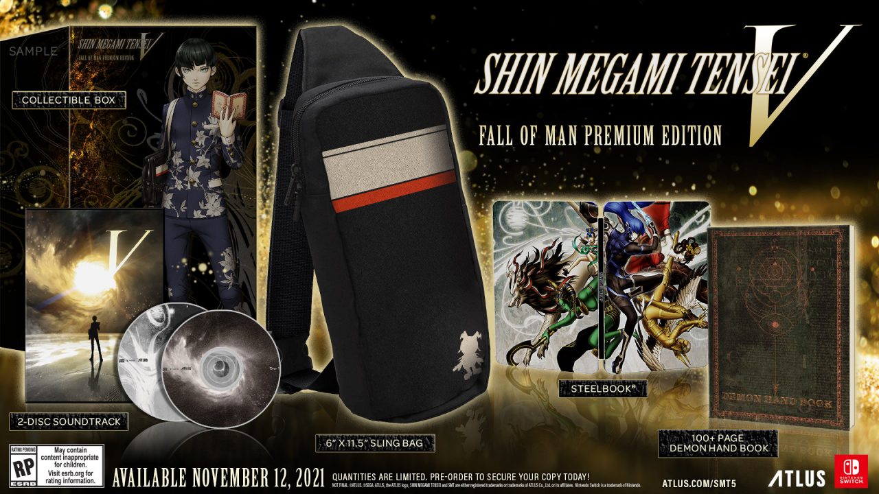 The Fall of Man Premium Edition for Shin Megami Tensei V, which contains two soundtrack CDs, a steelbook, a 100+ page demon hand book, a sling bag, and a collectible box