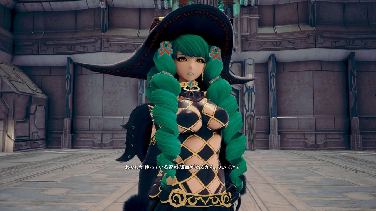 Fiore Brunelli from Star Ocean: Integrity and Faithlessness. She wears a very revealing full-body outfit with giant green curls hanging either side of her head. Typical of over the top JRPG hairstyles