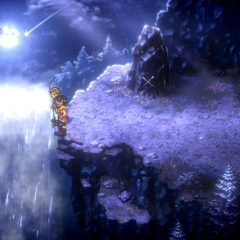 Suikoden I & II HD Remaster screenshot of Riou and Jowy conversing on a cliff at night with a waterfall in the background (remastered graphics)