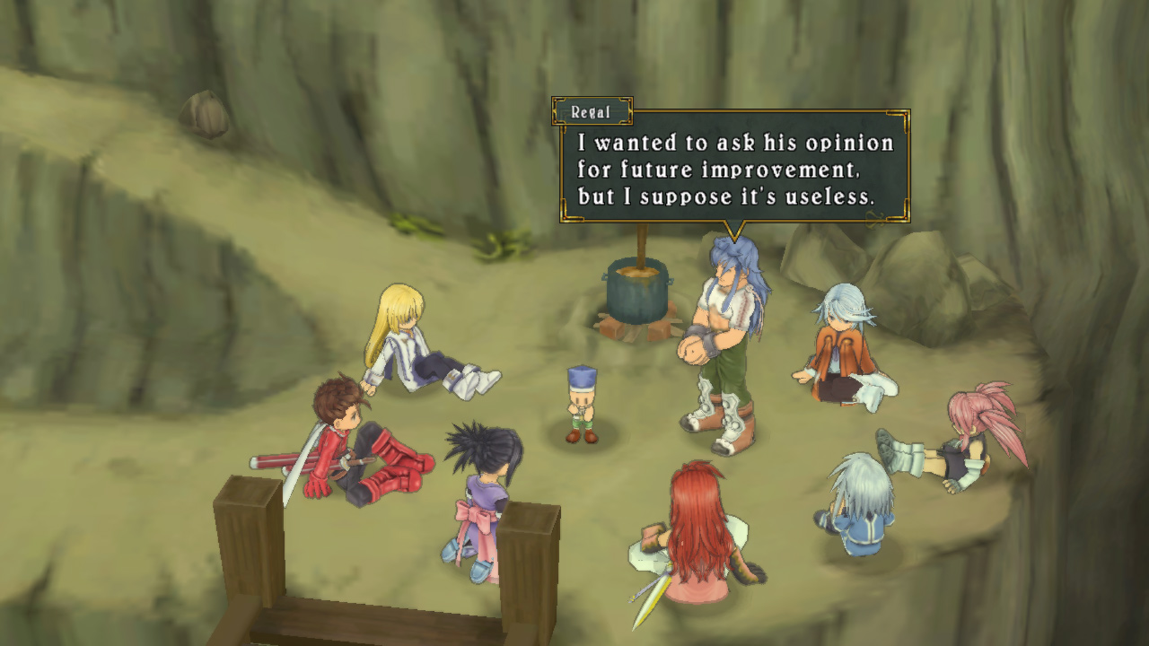 Tales of Symphonia screenshot with Regal Bryant talking to the team. Regal has long blue hair, a white cropped top and dark green trousers with leg guards over the top. 