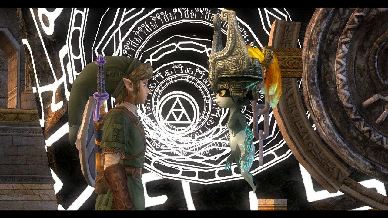 The Legend of Zelda Twilight Princess HD Screenshot of Link and Midna talking in front of a black and white portal to the Twilight Realm.