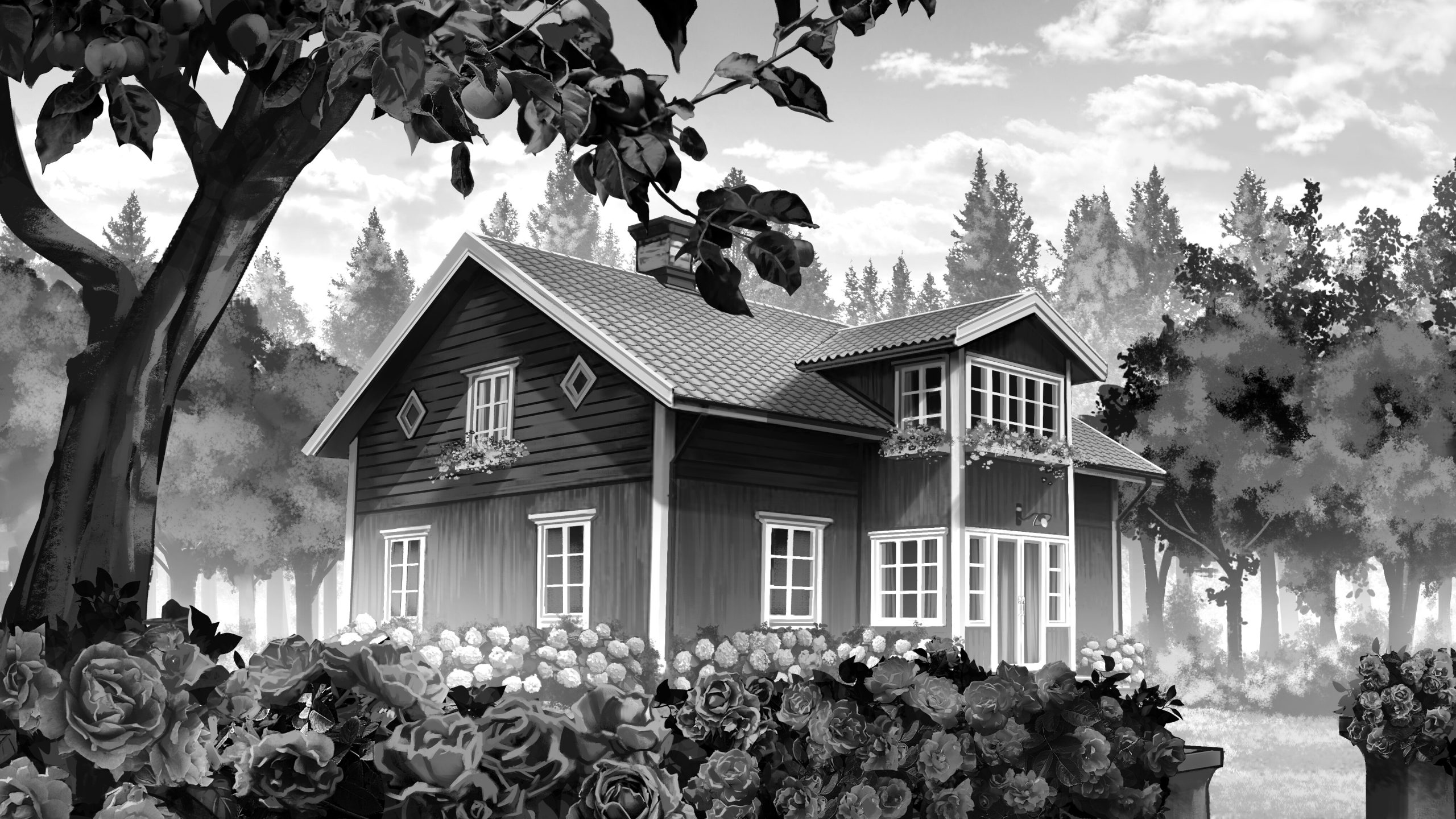 The Secret of Timberland screenshot - B&W scene of a quaint house surrounded by trees and roses.