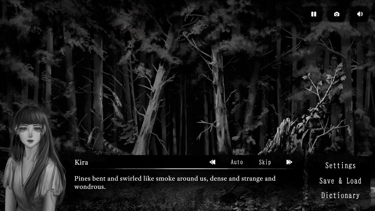 The Secret of Timberland scene of a dark forest, with the portrait of a teenage girl by the text box.