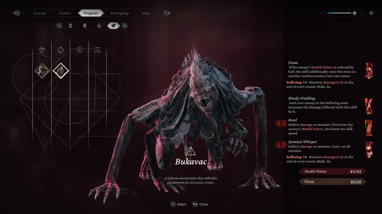 A status screen displaying the abilites and statistics of a salutor, Bukavac. The creature, displayed in the center, is an eldritch, exoskeletal, many-armed being wrapped in chains.