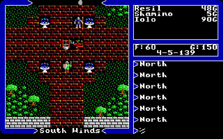 Ultima V screenshot showing a top-down view of a pair of knights in a courtyard on a brick path, as a jester juggles near a well.