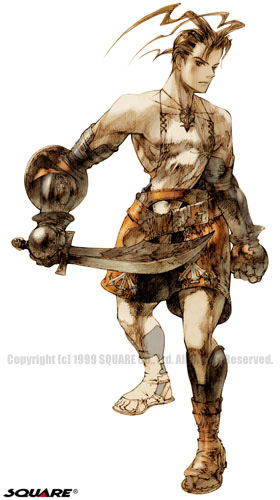 Illustration of Ashley Riot from Vagrant Story. Art is mostly in shades of browns and red, giving it a vintage or antique vibe. Ashley is holding a sword, wearing shorts and a vest top and has a hair style featuring very long jagged spikes that extend from his forehead. 