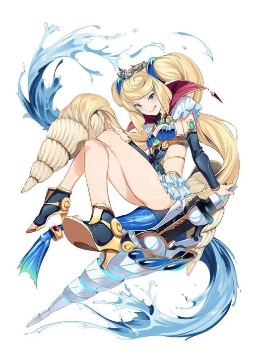 Sheba from Xenoblade Chronicles 2. She is seemingly hovering in midair and is surrounded by flowing water and her very long blonde pigtails, which end in curls that look like seashells. 