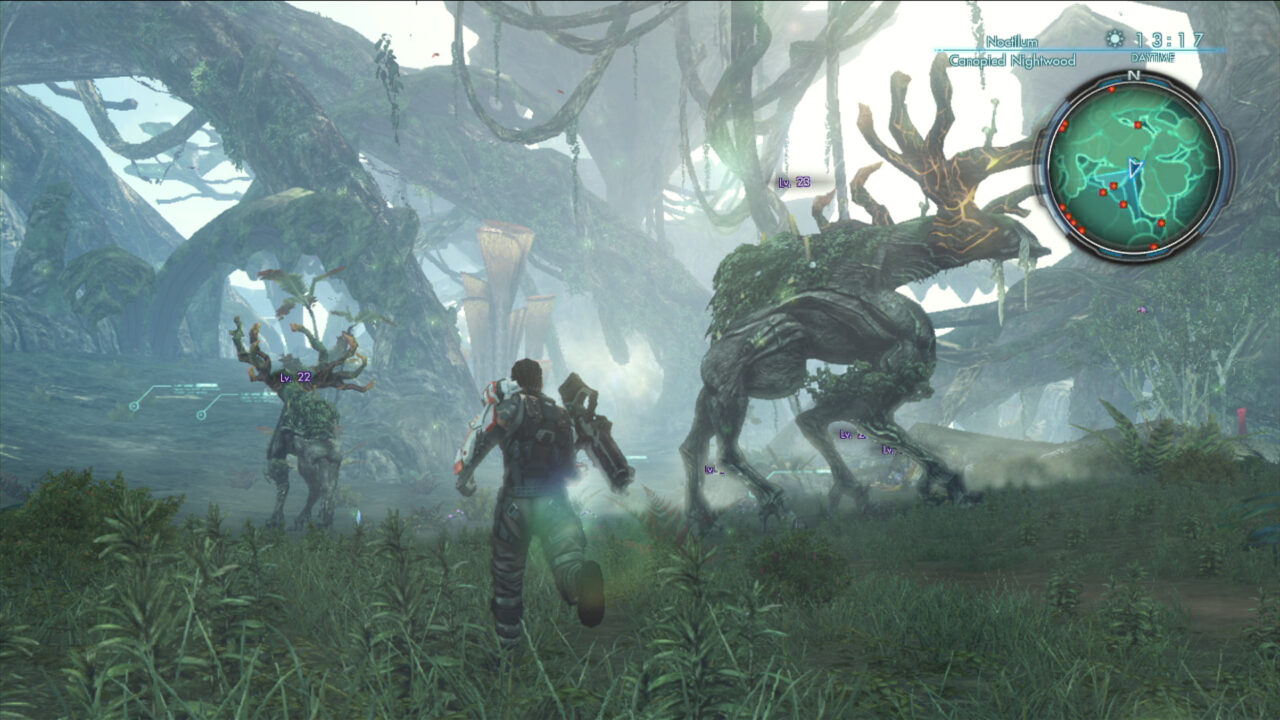 Xenoblade Chronicles X screenshot of exploring an overgrown forest with large mossy antlered beasts.