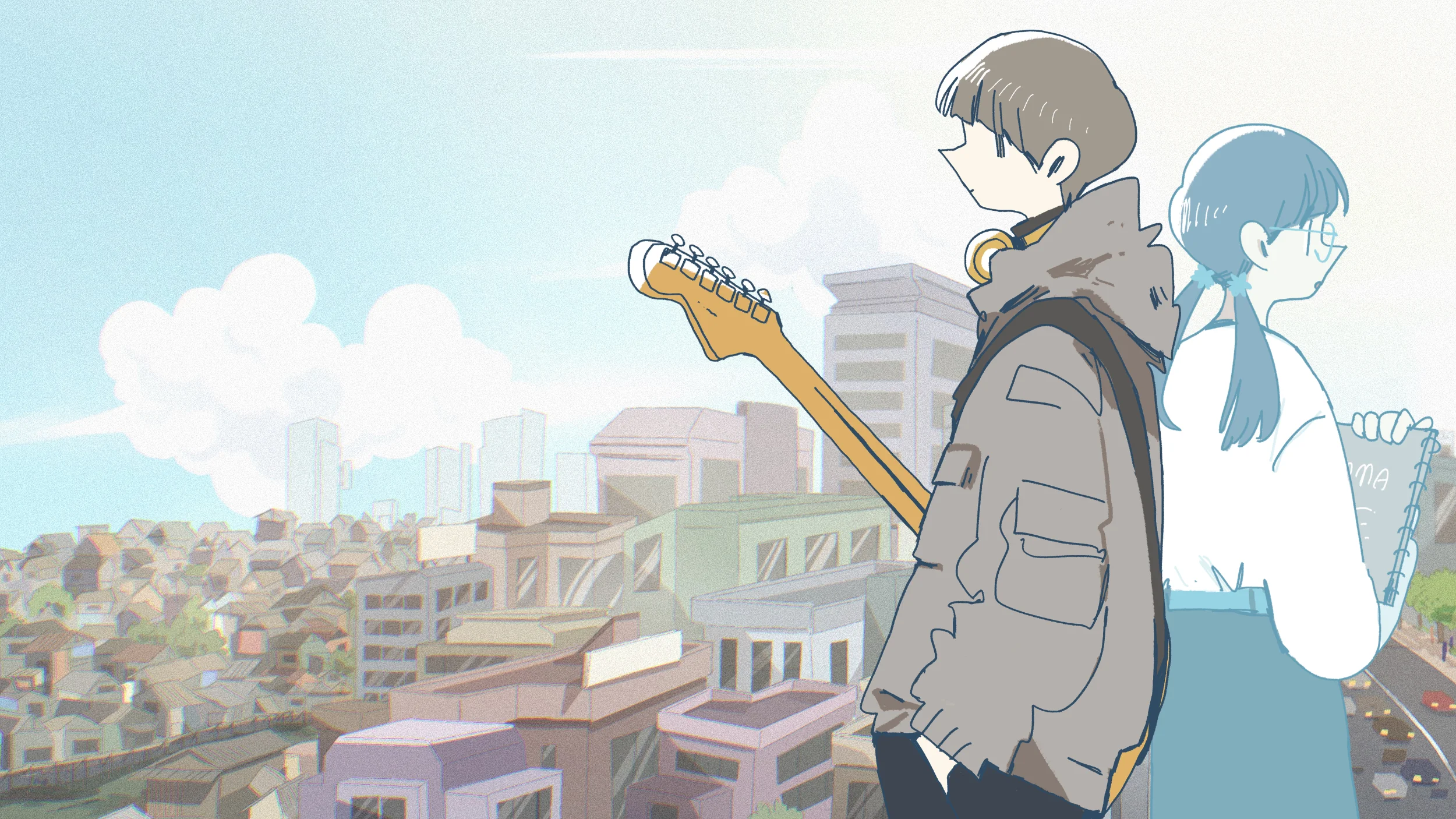 Afterlove EP art of two characters standing back to back against a city backdrop, one of many RPGs coming this week.