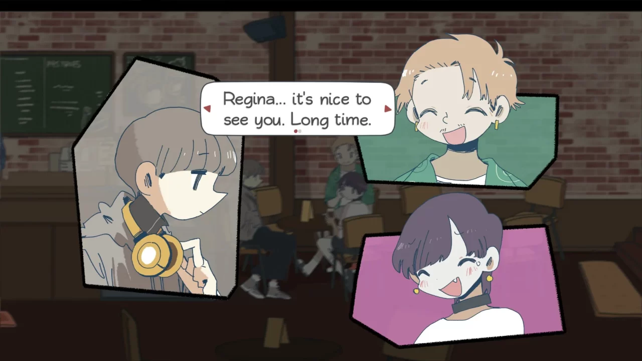 Afterlove EP screenshot of manga-like panels with character portraits talking, with one happy to see Regina for the first time in a long time.