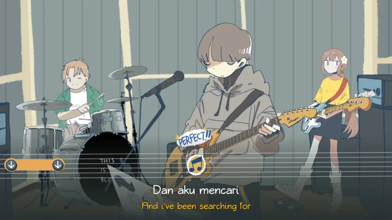 Rama plays with the band in the rhythm game section of Afterlove EP, with lyrics and translation below the rhythm input UI.