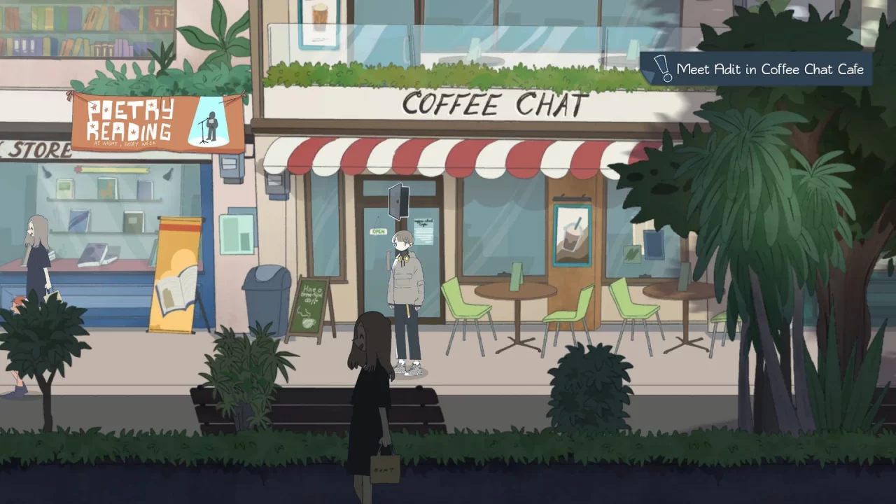 Rama stands on a street in front of a coffee shop in Afterlove EP.