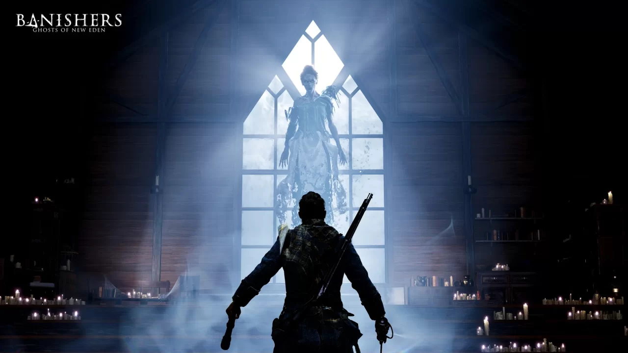 A character faces off with a monster in front of a window in Banishers Ghosts of New Eden.