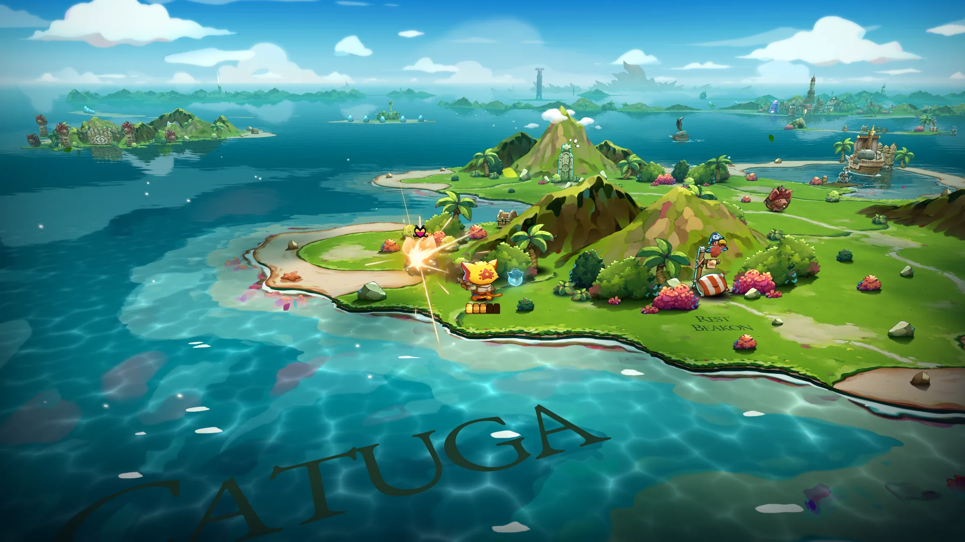 A screenshot of Cat Quest III depicting a small island surrounded by semi-clear ocean waters.