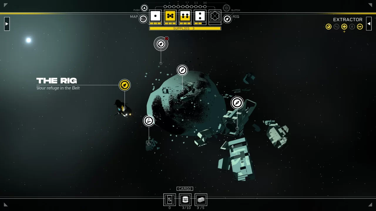 A screenshot from Citizen Sleeper 2 Starward Vector showing a disjointed collection of what seem to be parts of a space ship, pointing at the player's refuge, The Rig